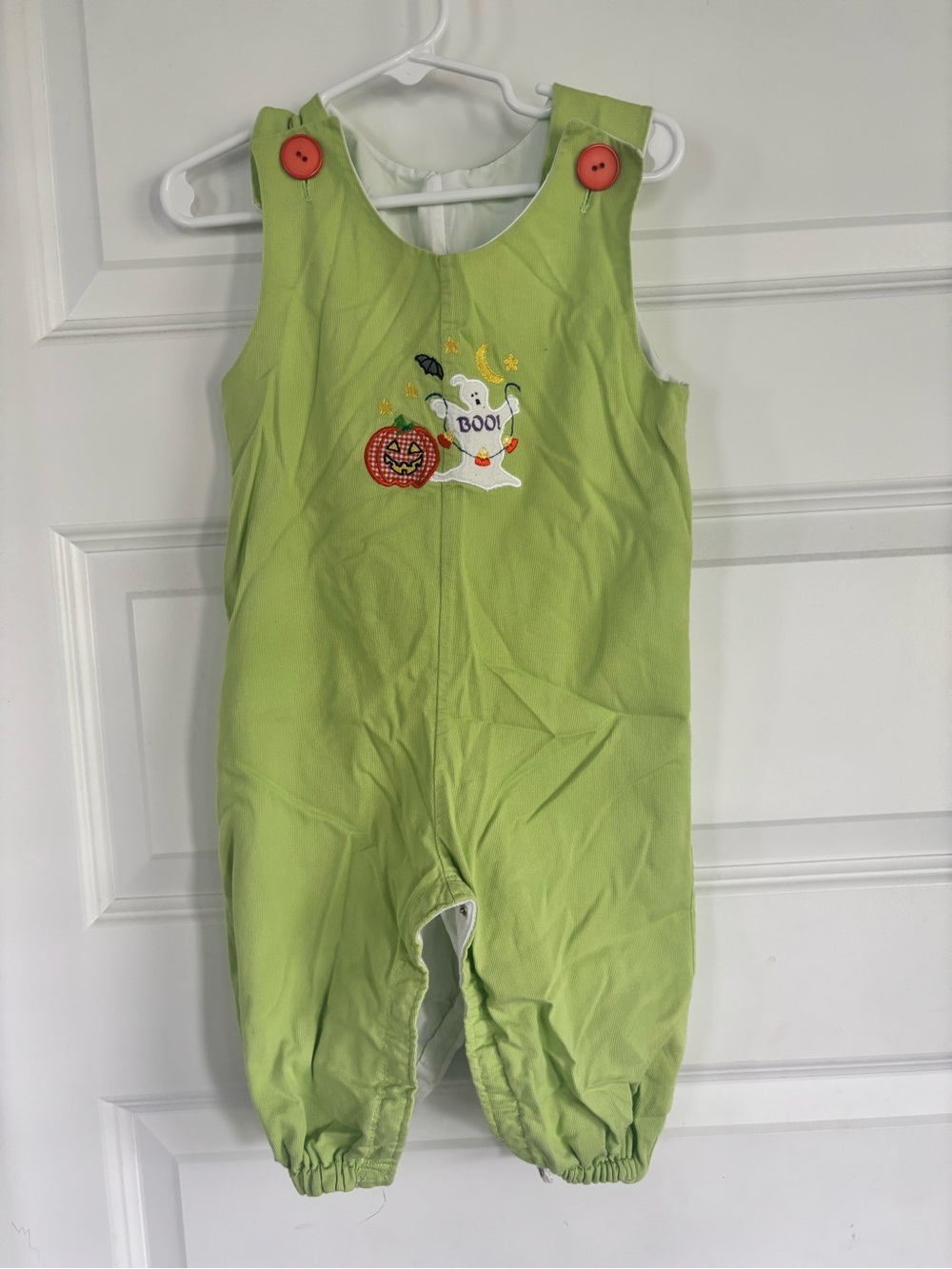 Green Baby Halloween Romper with Pumpkin & Ghost Embroidery corduroy material